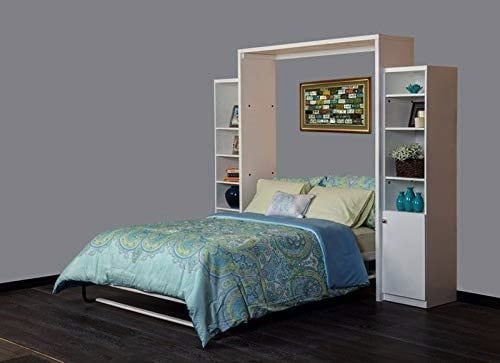 An 87.5 inch tall bi fold Murphy bed with cabinets.