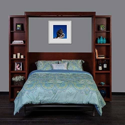 A Wooden Murphy bed with storage shelves on both sides.