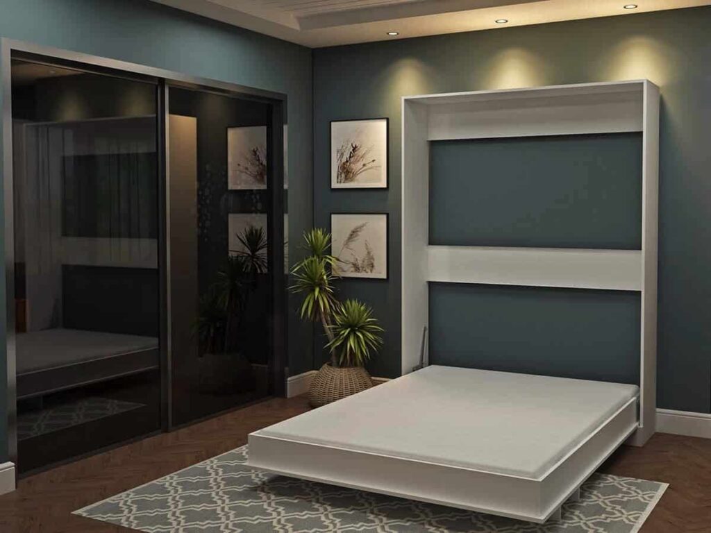 A vertical Murphy bed that can fit into a room with a low ceiling and minimalist design.