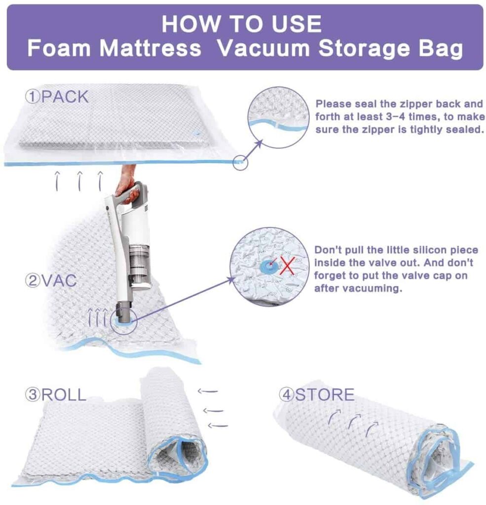 Roll a mattress after sealing it in a vacuum mattress bag to store it safely and make it easy to move.