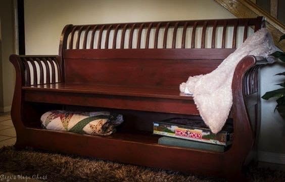 Repurpose your sleigh bed into this storage bench to add extra seating and storage space to your bedroom or living area.