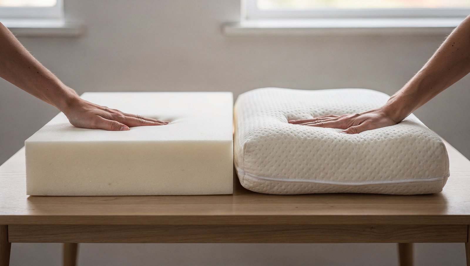 Two mattress samples on a table, a firm orthopedic foam block and a bouncy natural latex block, a hand testing each