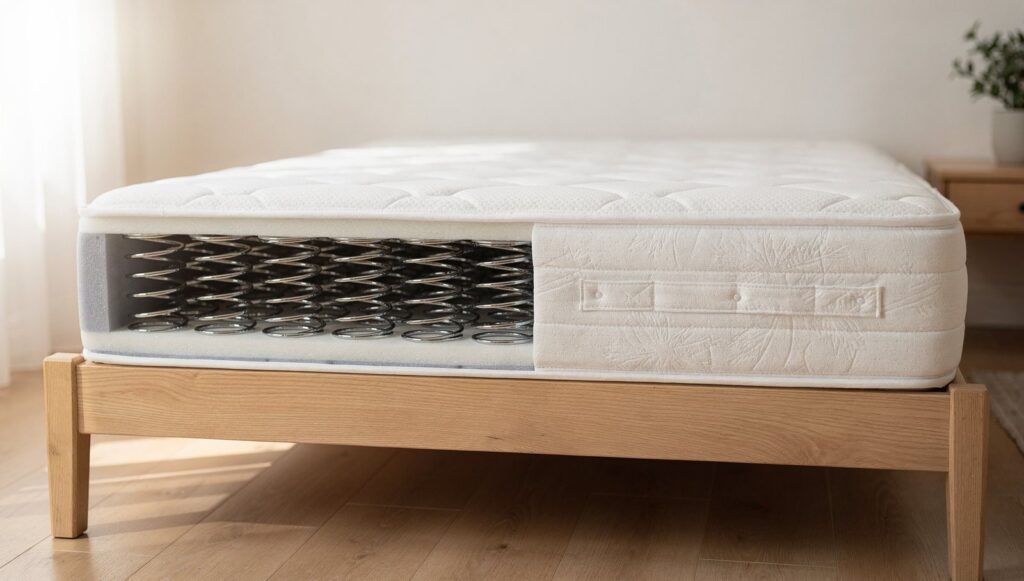 Cutaway view of an innerspring mattress showing rows of steel coils under a quilted top, on a bed frame in a bright room