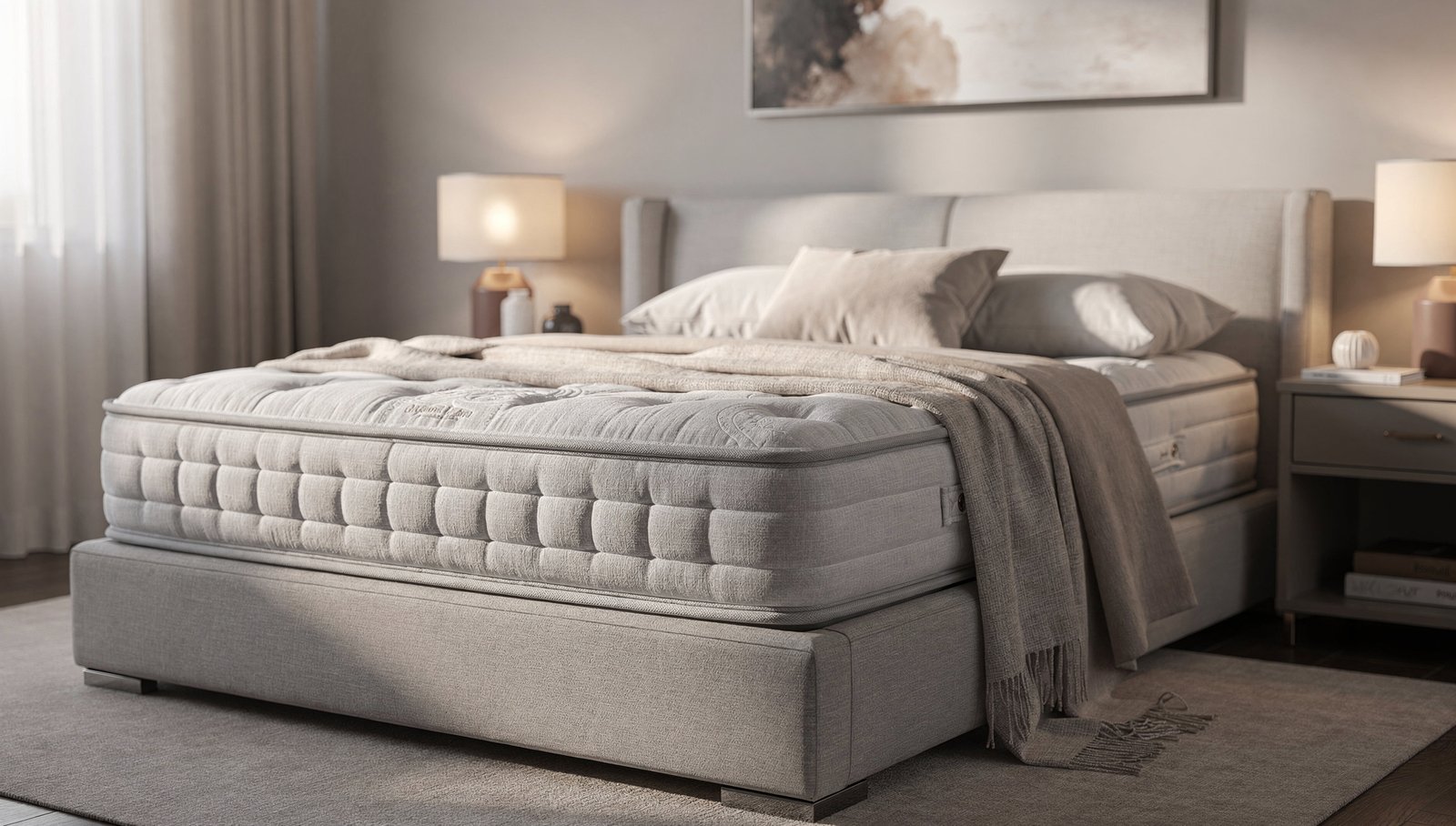 A thick plush luxury mattress with a pillow top on an upholstered bed in an elegant high-end bedroom with soft lamps, linen