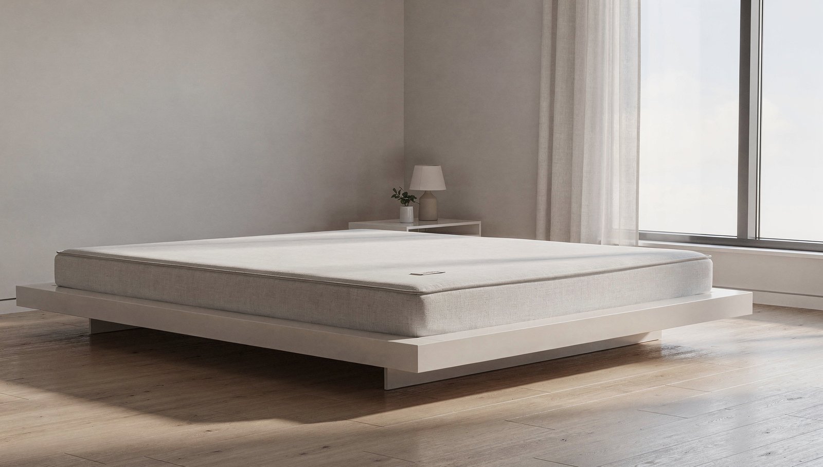 A thin low-profile mattress on a modern low platform bed, minimalist bedroom with large window