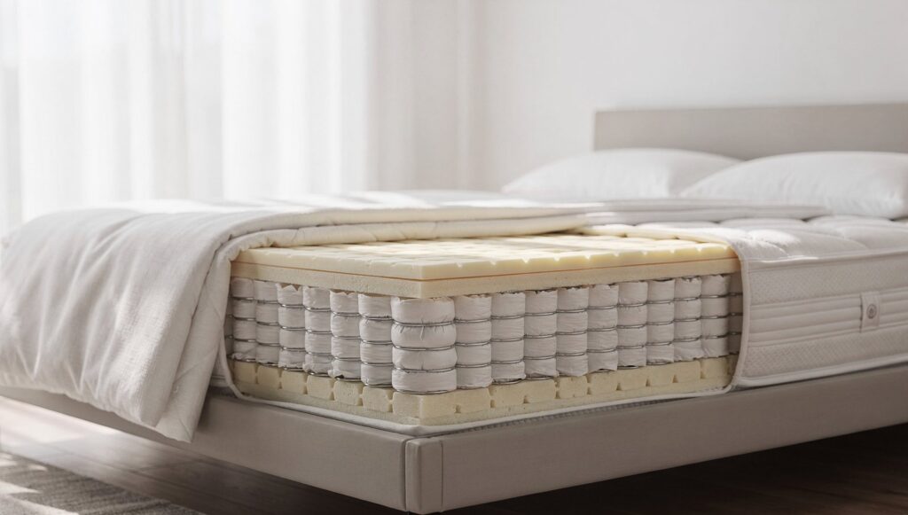 A mattress cut open to show latex and pocketed coils with no memory foam, on a bed in a bright room
