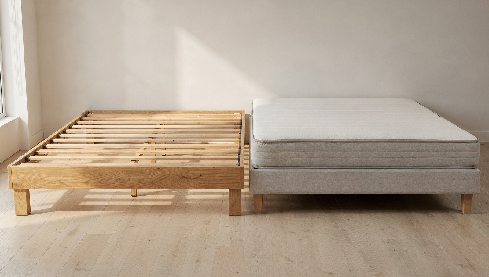 Side by side: a wooden slatted platform bed frame and a fabric-covered box spring foundation, both without mattress, bright