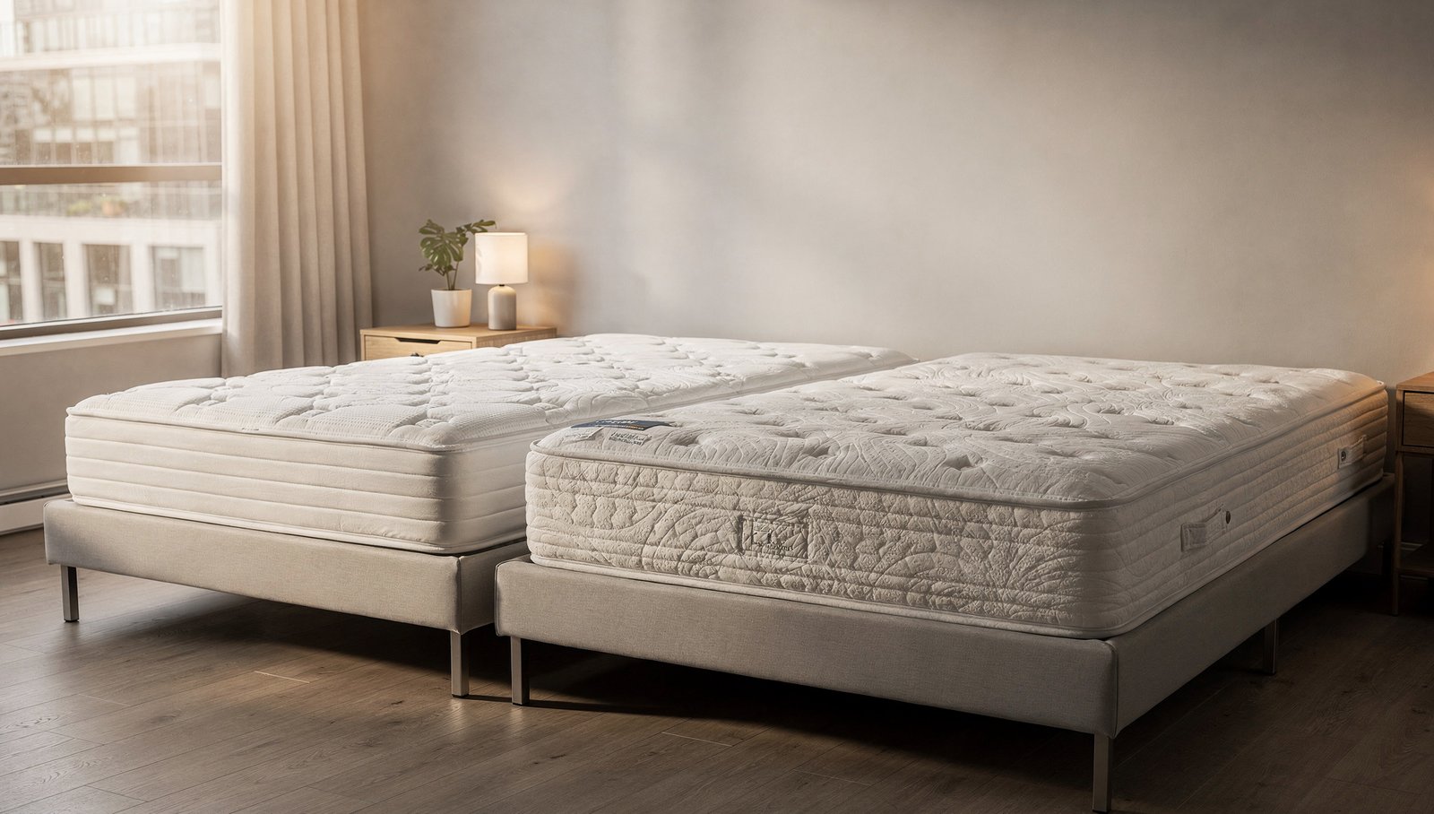 Two different white boxed mattresses side by side in a Canadian apartment bedroom, both unwrapped, cozy light