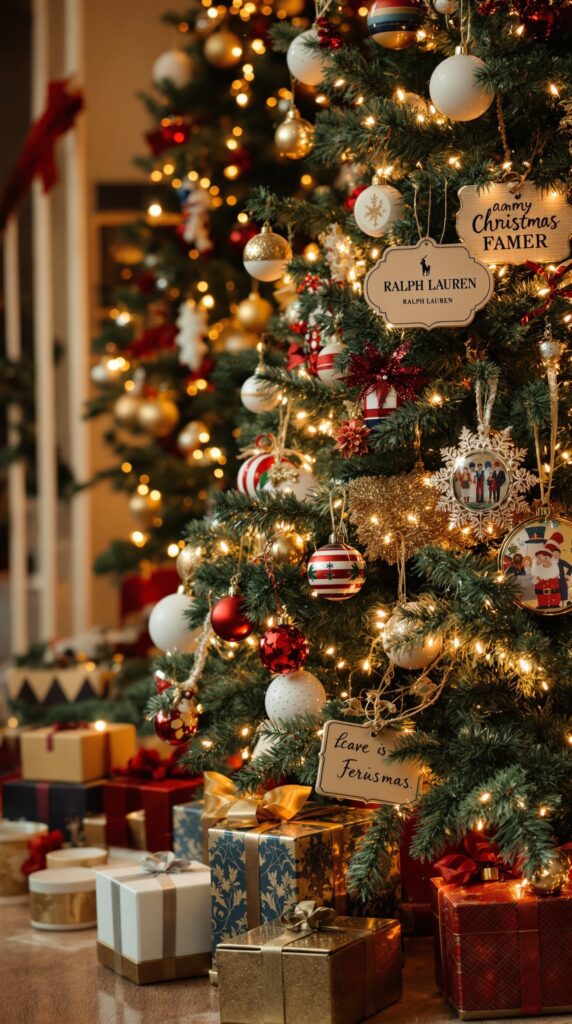 A beautifully decorated Ralph Lauren Christmas tree with family-themed ornaments and gifts underneath.