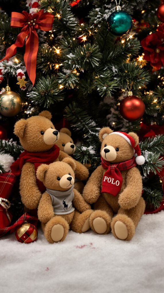 Vintage Polo Bear figurines sitting by a decorated Christmas tree