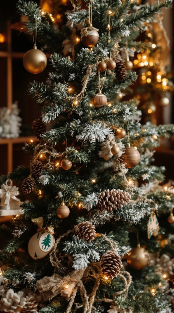 Ralph Lauren Christmas tree with rustic decor including pinecones and wooden ornaments.