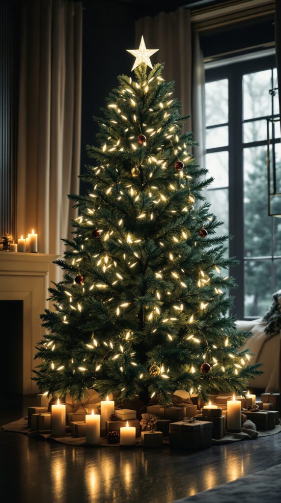 A beautifully decorated Ralph Lauren Christmas tree with candles around it.