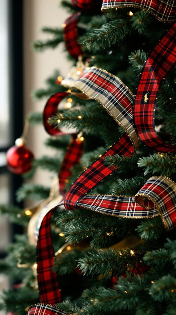 Close-up of a Christmas tree decorated with plaid ribbons and ornaments