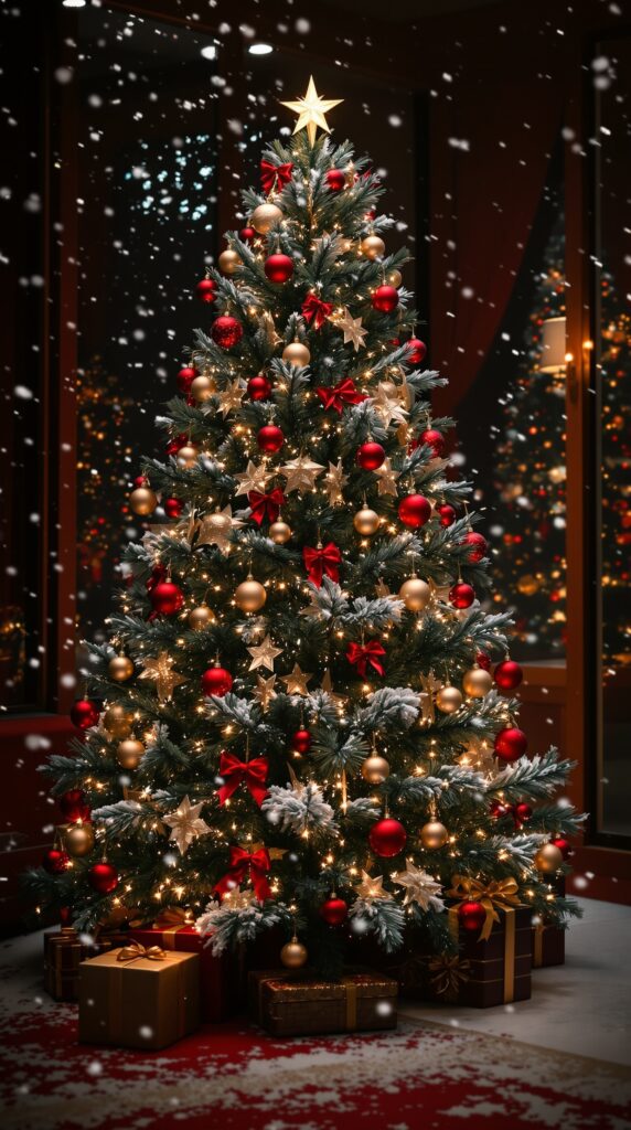 Ralph Lauren Christmas tree decorated with red and gold ornaments, surrounded by gifts.