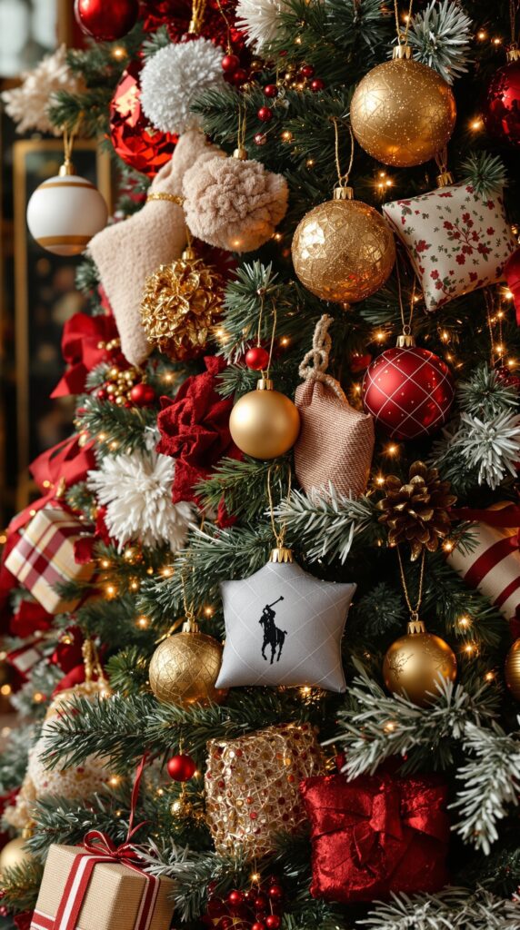 Ralph Lauren Christmas tree decorated with luxurious textiles and ornaments.