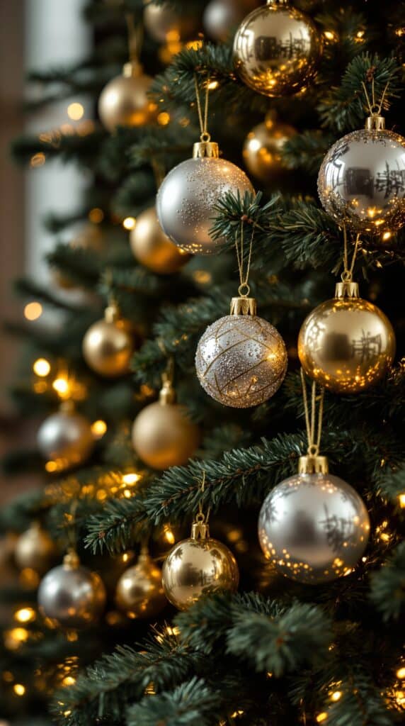 A beautifully decorated Christmas tree with silver and gold ornaments.