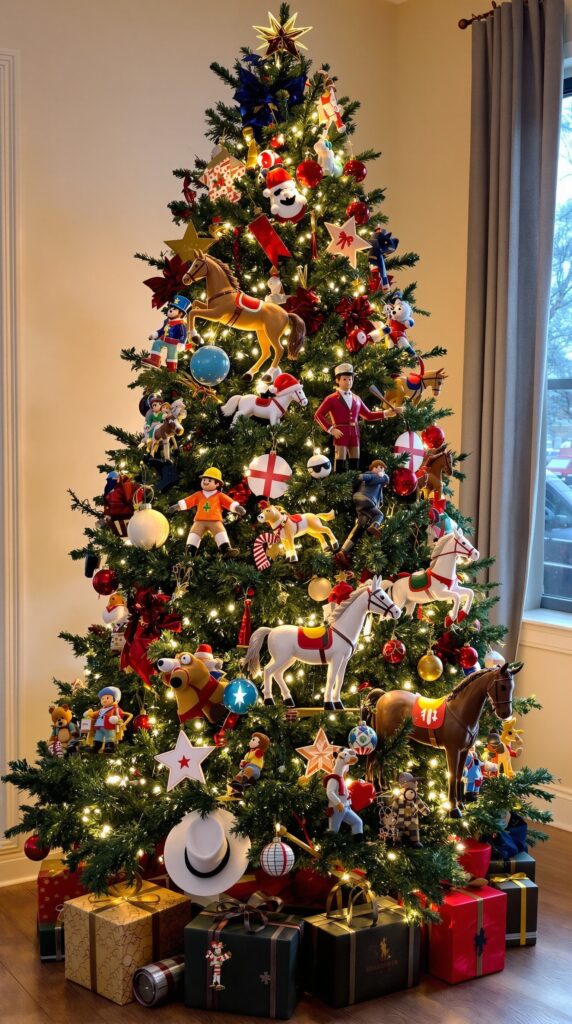 A beautifully decorated Christmas tree featuring equine-themed ornaments and gifts.
