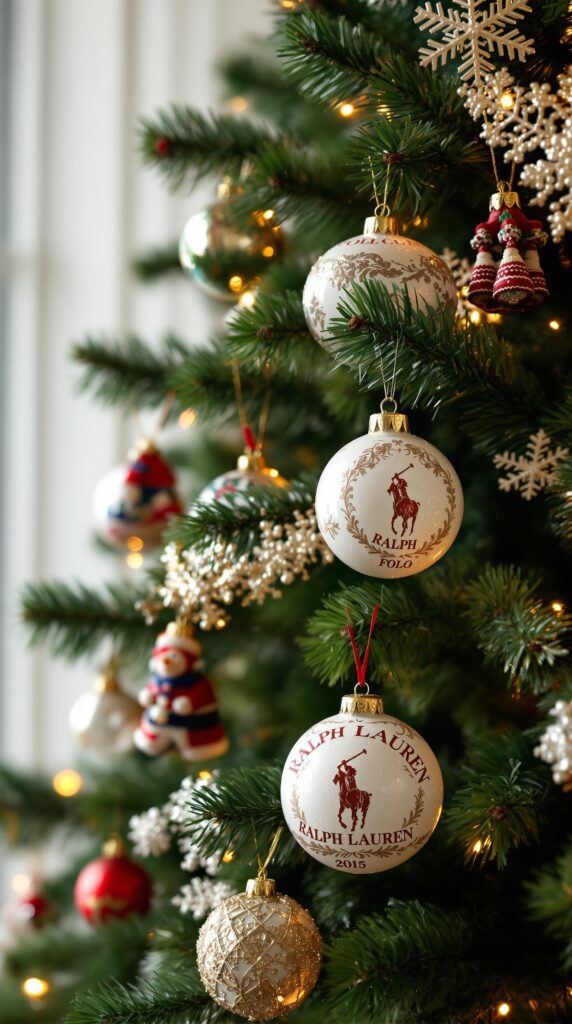 Ralph Lauren Christmas tree with classic ornaments and decorations.