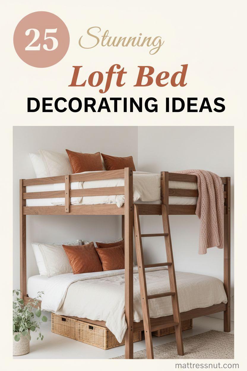 Pinterest board cover collage showcasing natural walnut wood loft bed with ladder, ivory linen bedding, terracotta velvet throw pillows, blush pink knitted blanket, and rattan storage basket. Bohemian modern aesthetic with powdery sage green plant, cream background, and editorial quality design.