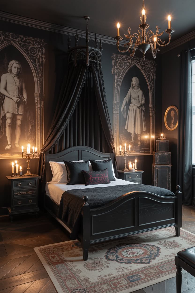 Gothic bedroom with black canopy bed and historical portrait wall murals