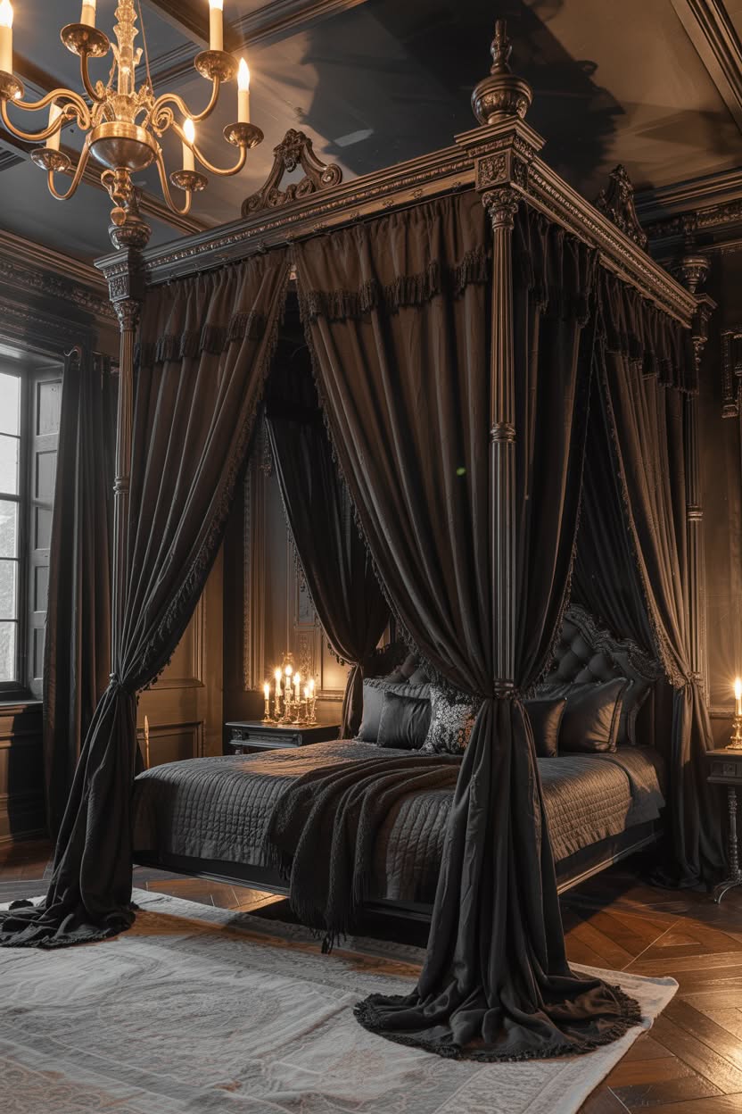 Dark wood gothic canopy bed with chandelier and carved details