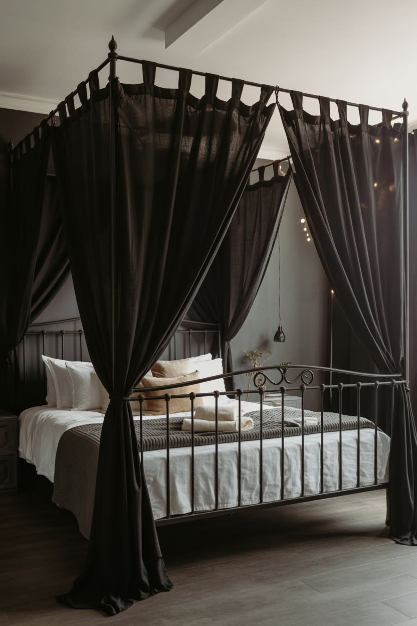 Simple black iron canopy bed with tab curtains