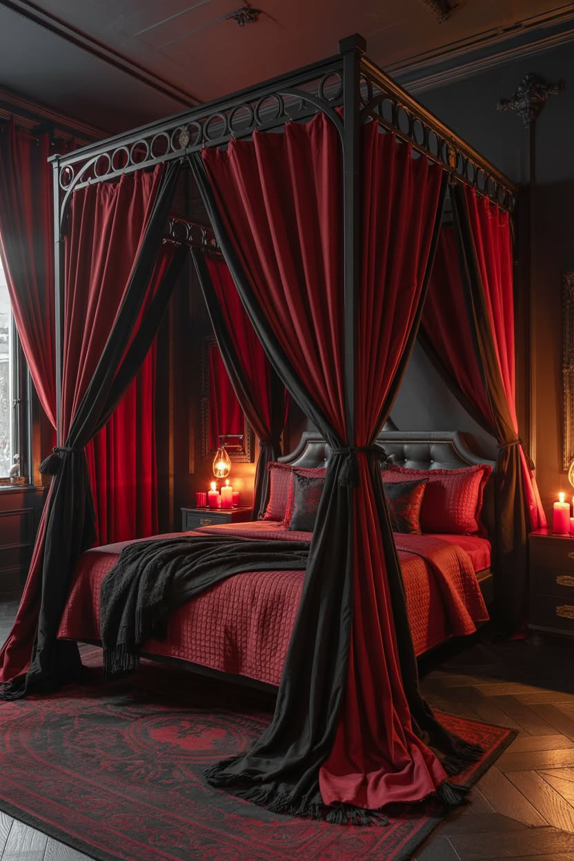 Victorian gothic canopy bed with red and black curtains