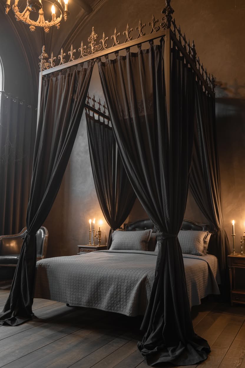 Gothic canopy bed with ornate crown and decorative metal details