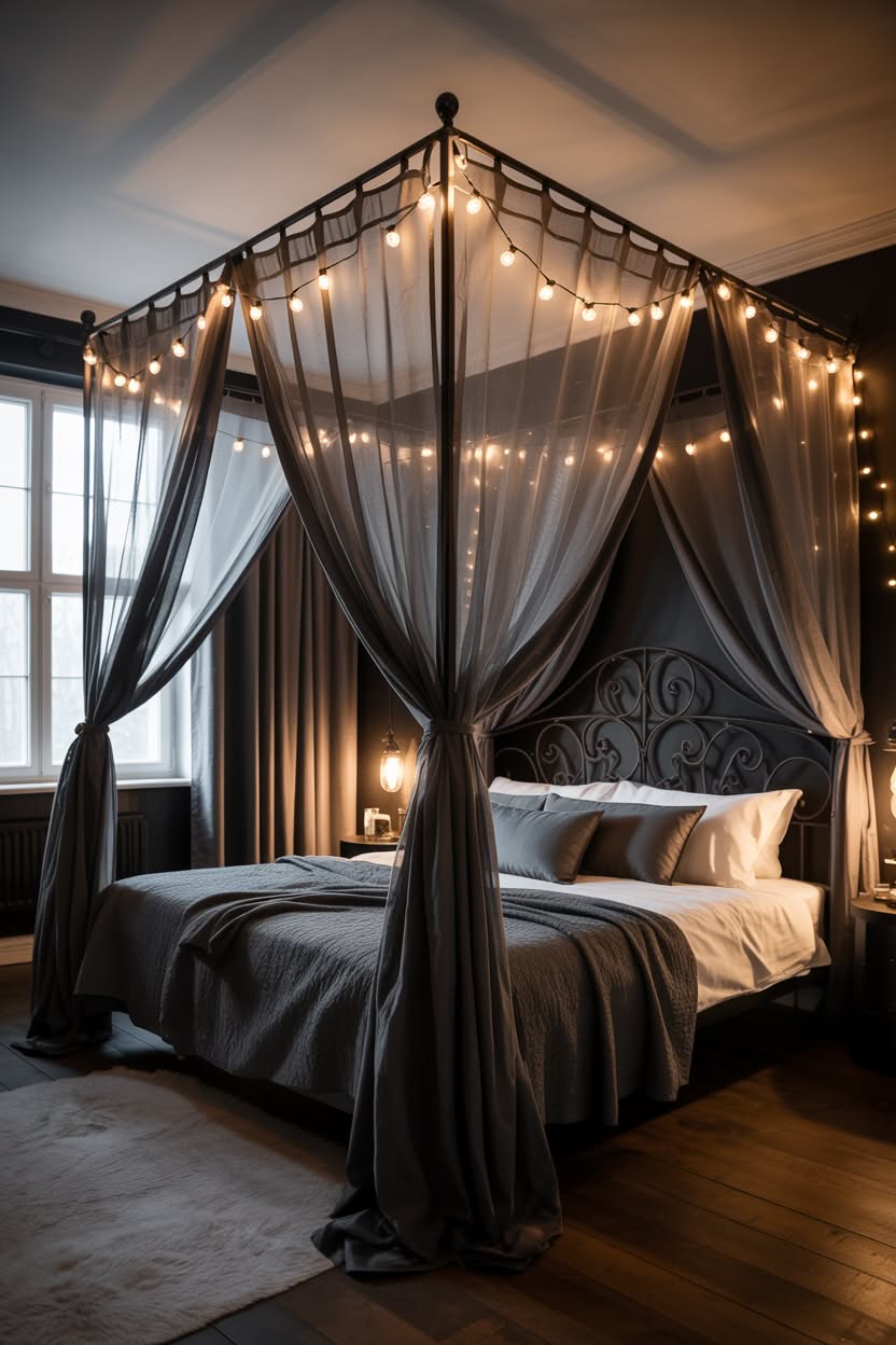 Modern gothic canopy bed decorated with fairy lights