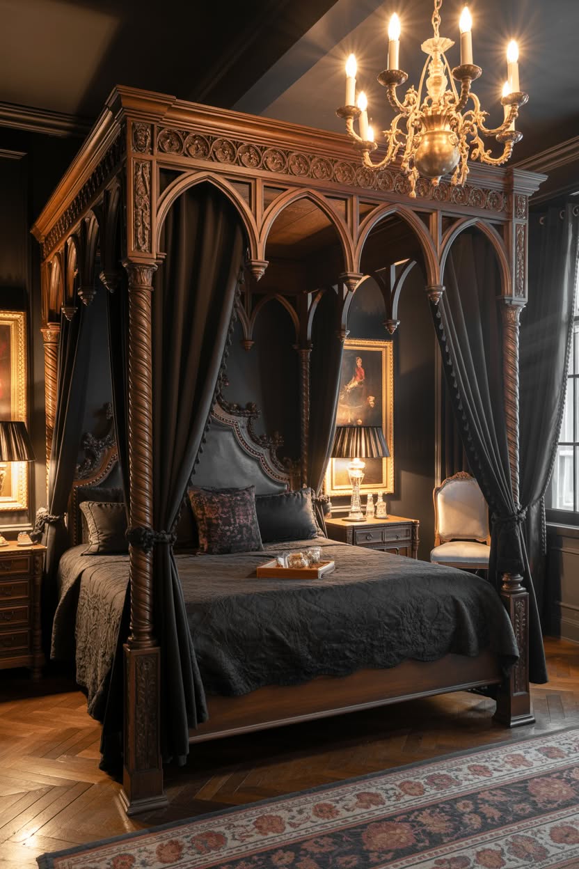 Elaborate carved wood gothic canopy bed with arched details