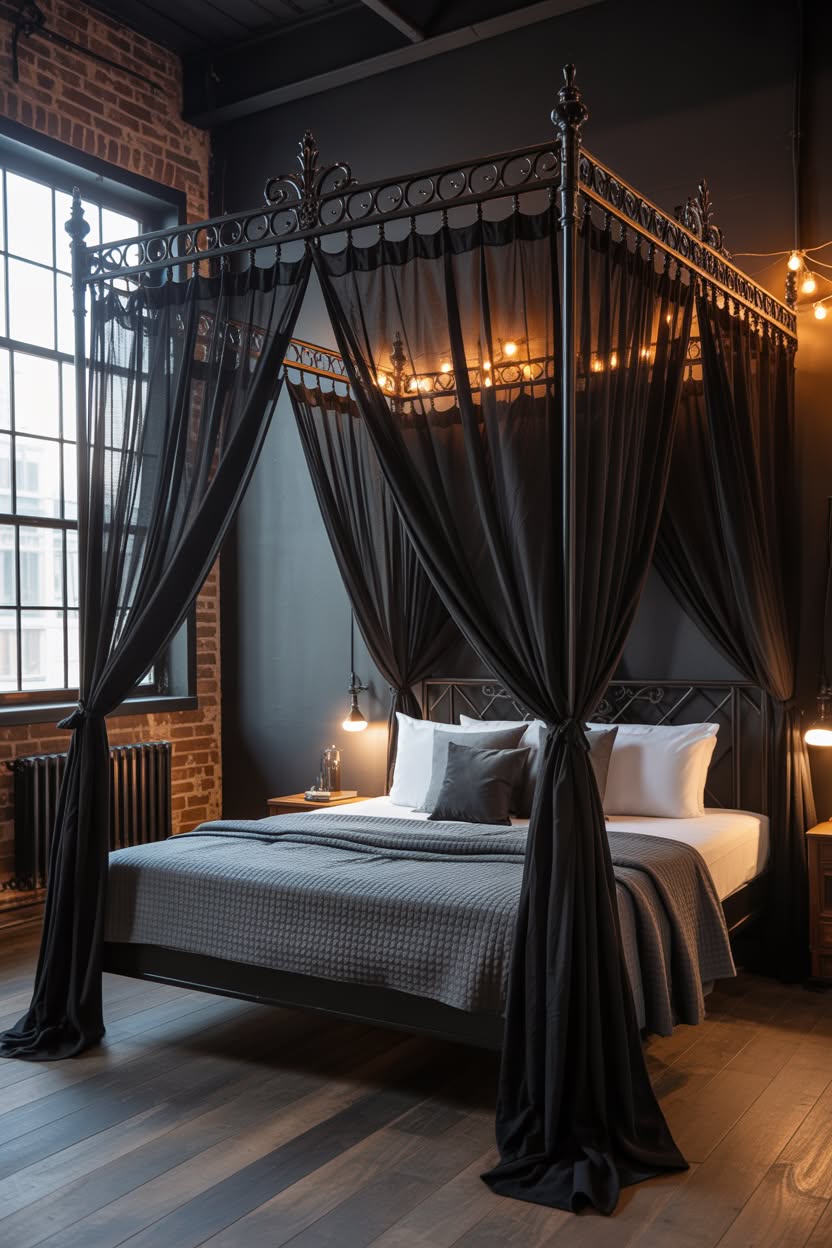 Industrial gothic canopy bed with exposed brick walls