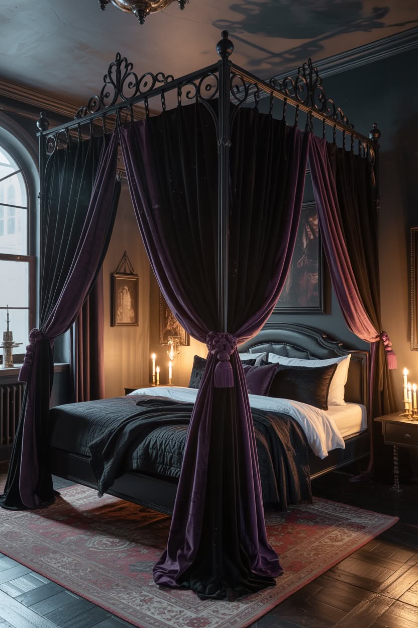 Gothic canopy bed with purple and black curtains