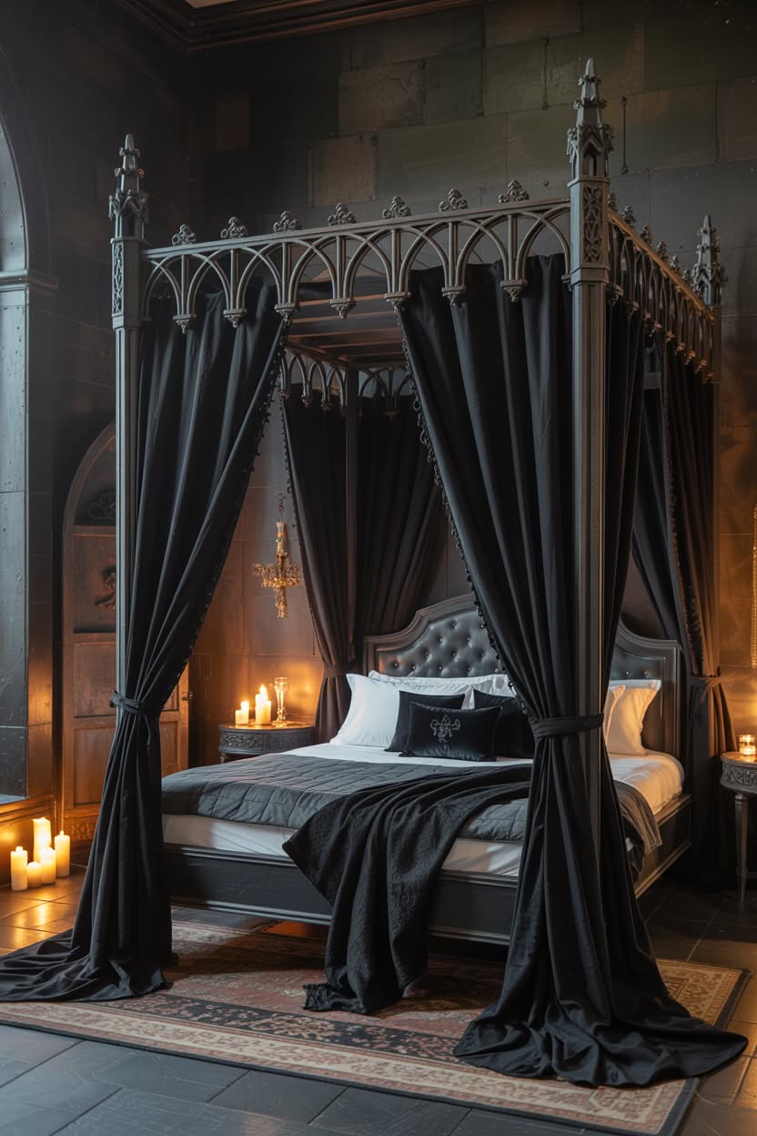 Gothic cathedral arch canopy bed with pointed arch details