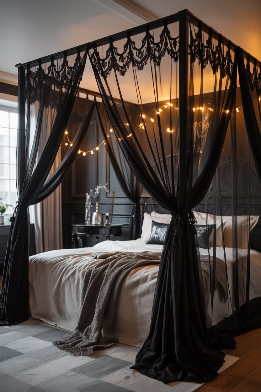 Victorian gothic canopy bed with tufted headboard