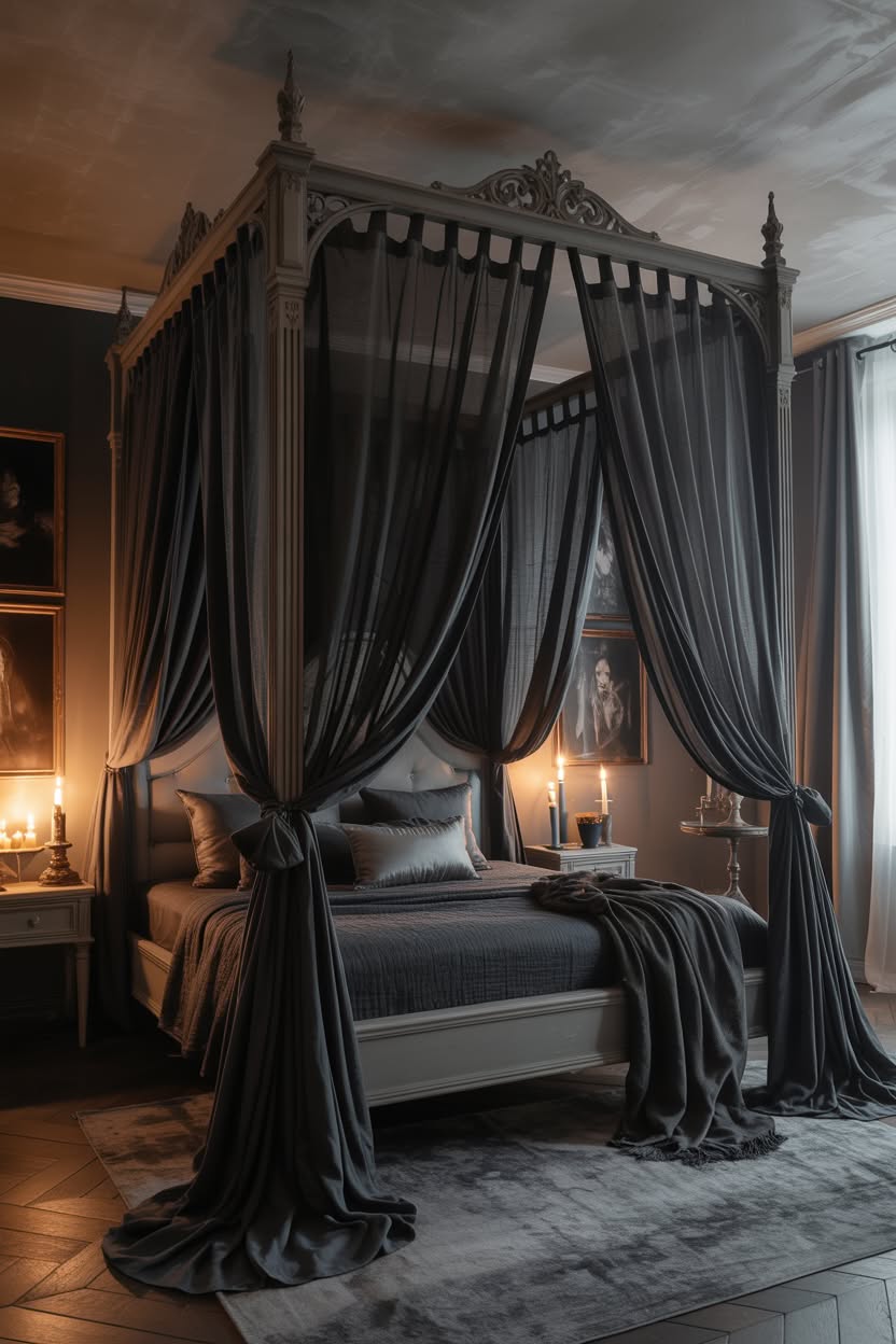 Grey gothic canopy bed with ornate carved frame and black drapes
