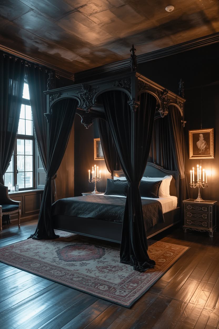 Ornate iron canopy bed with detailed scrollwork