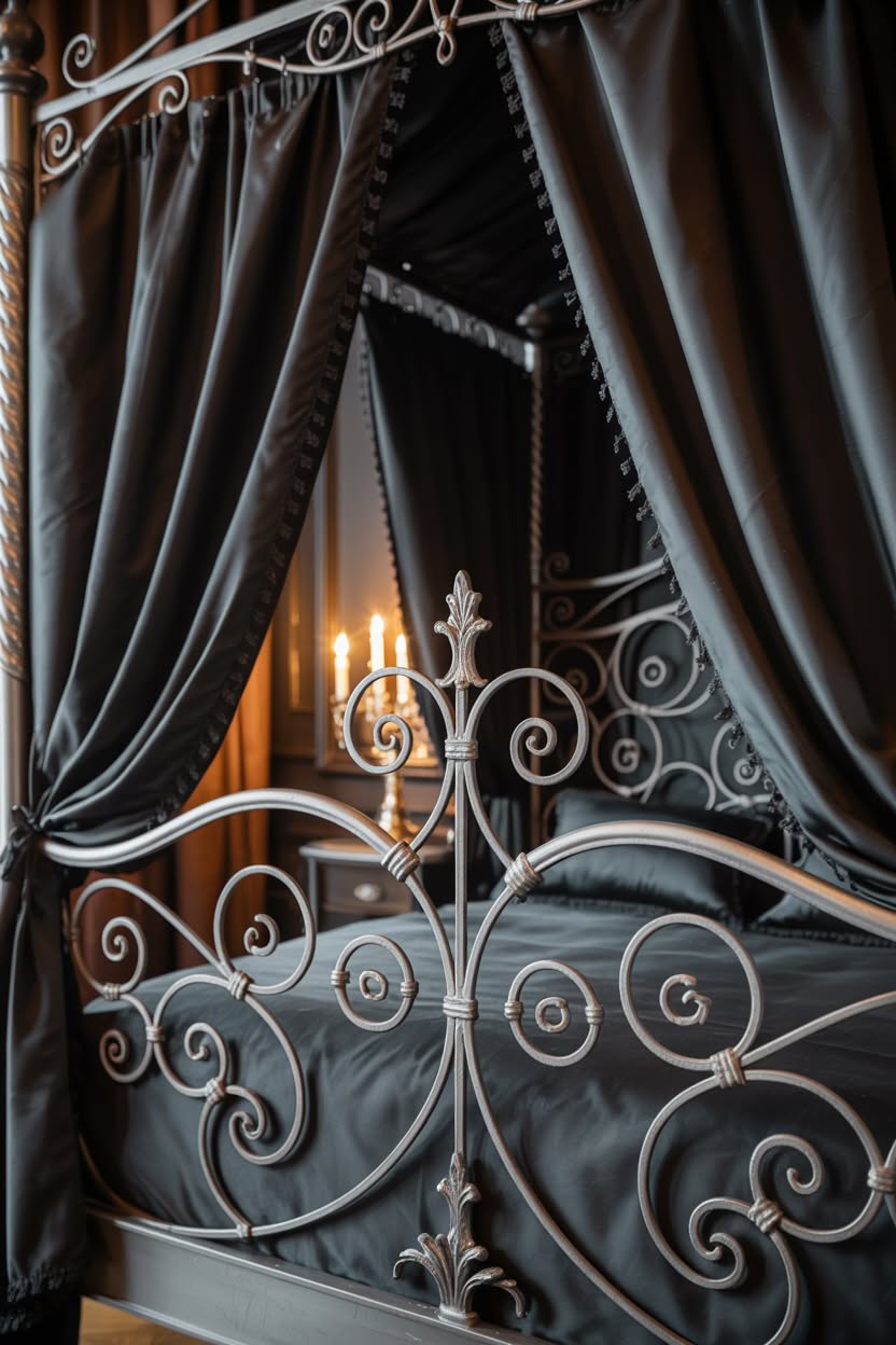 Victorian gothic canopy bed with red and black color scheme