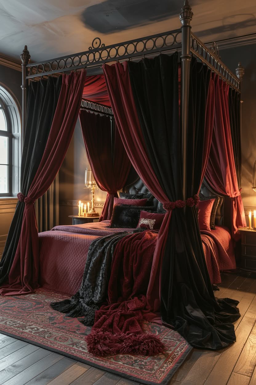 Modern gothic canopy bed with string lights and black curtains