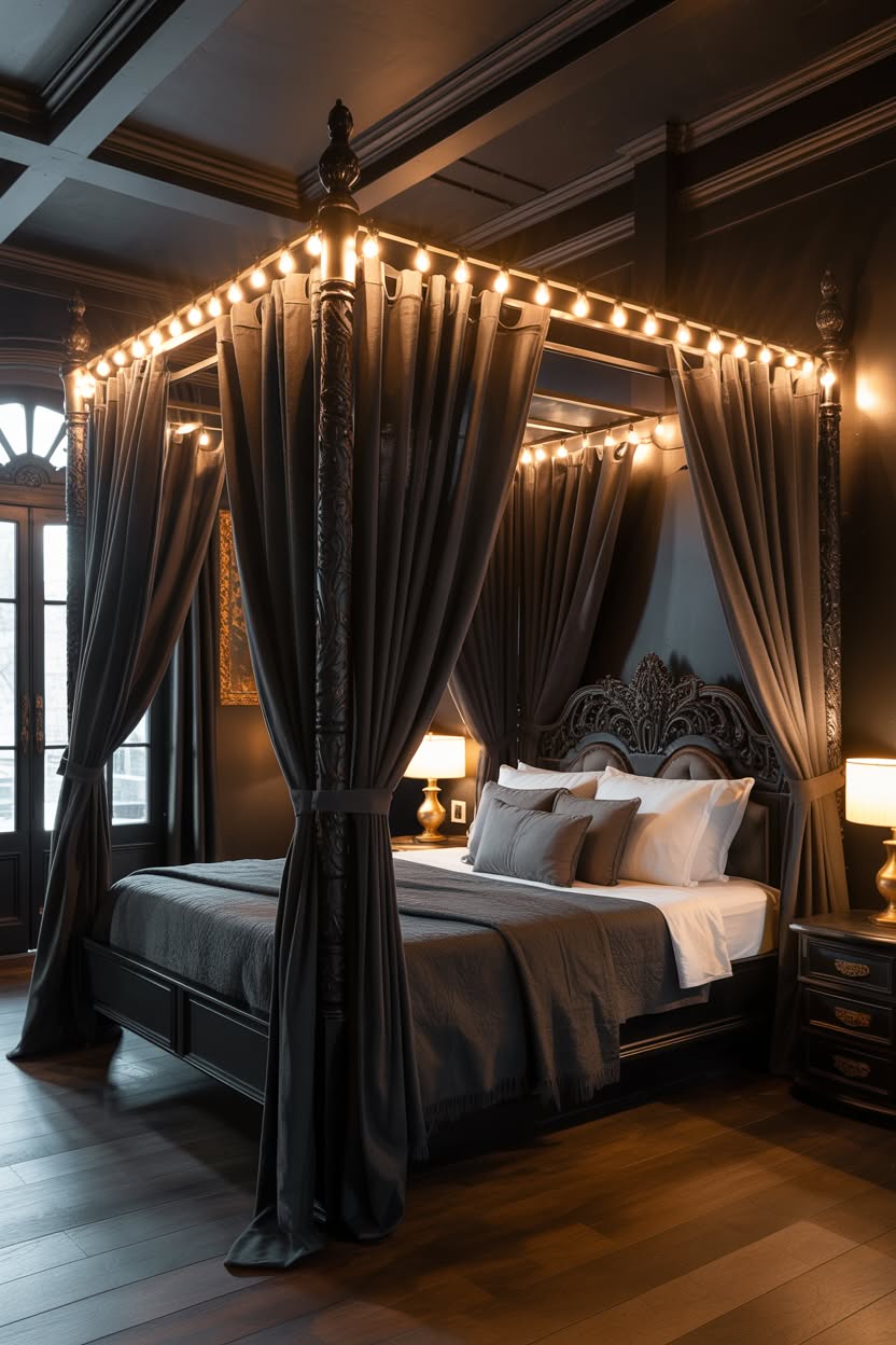 Gothic arch canopy bed with cathedral window inspired design