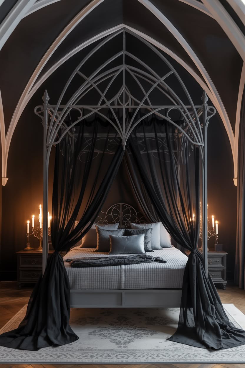 Classic Victorian gothic canopy bed with ornate details