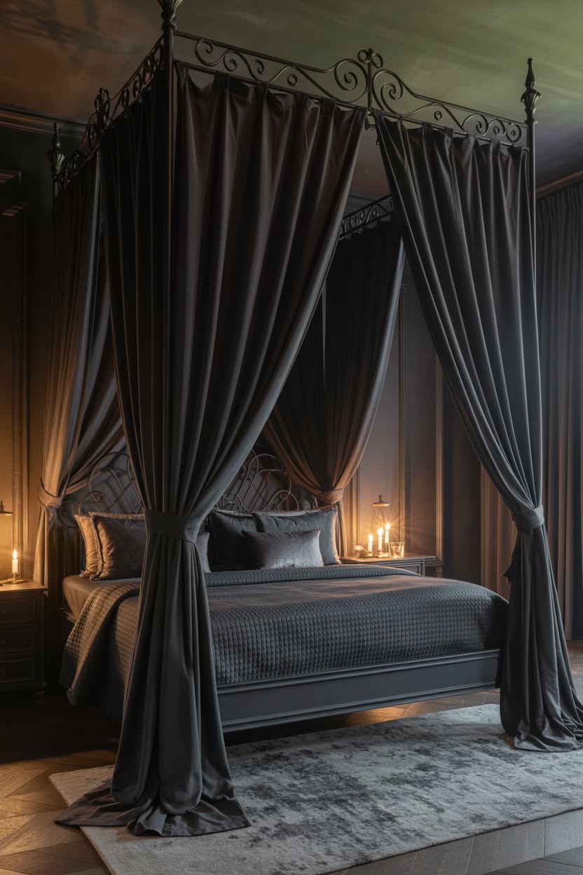 Gothic canopy bed with lace trim and decorative details