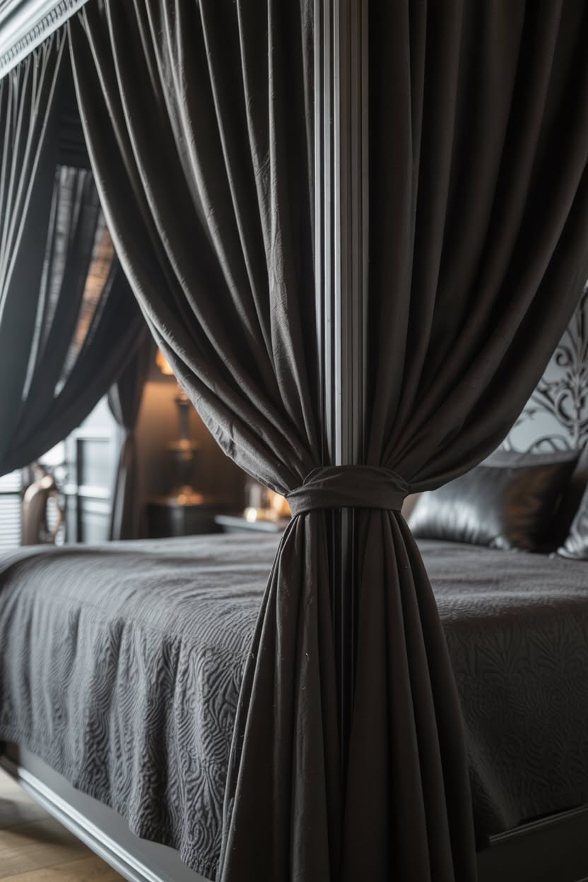 Close-up of black velvet canopy drapes tied with fabric