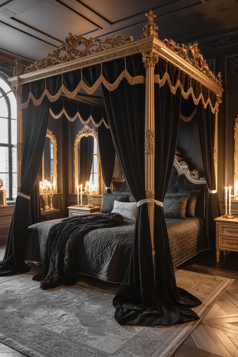 Ornate golden gothic canopy bed with black curtains and fringe trim