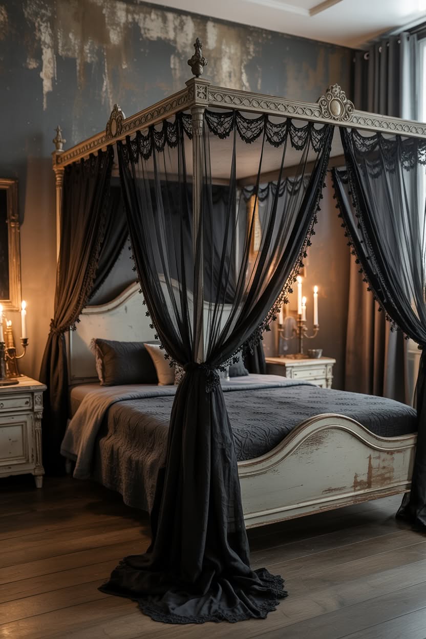 Silver gothic canopy bed with scalloped black valance and distressed walls