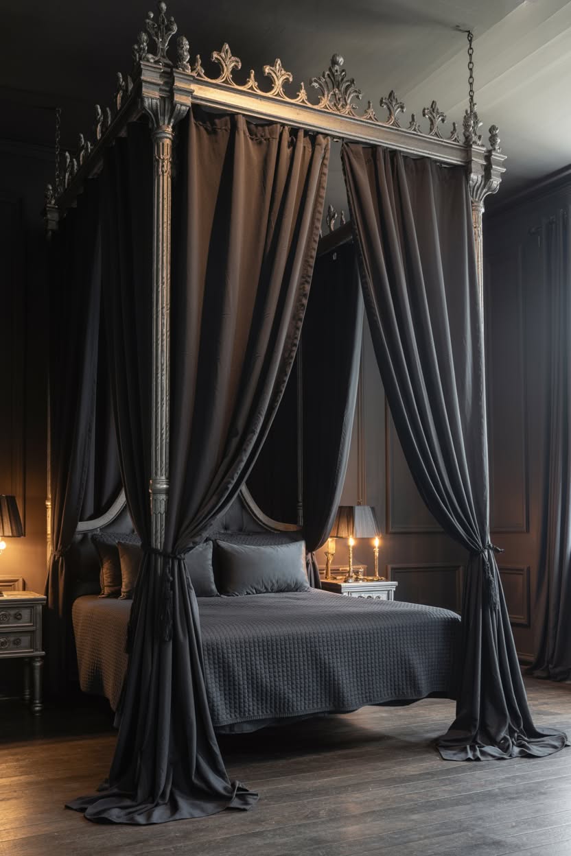 Simple grey gothic canopy bed with flowing black curtains