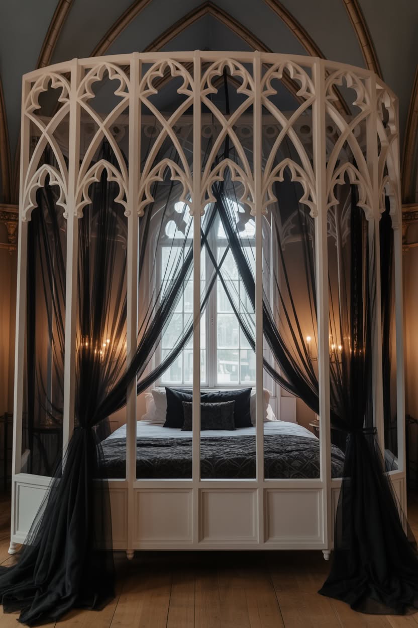 White gothic arch canopy bed with cathedral-style carved details