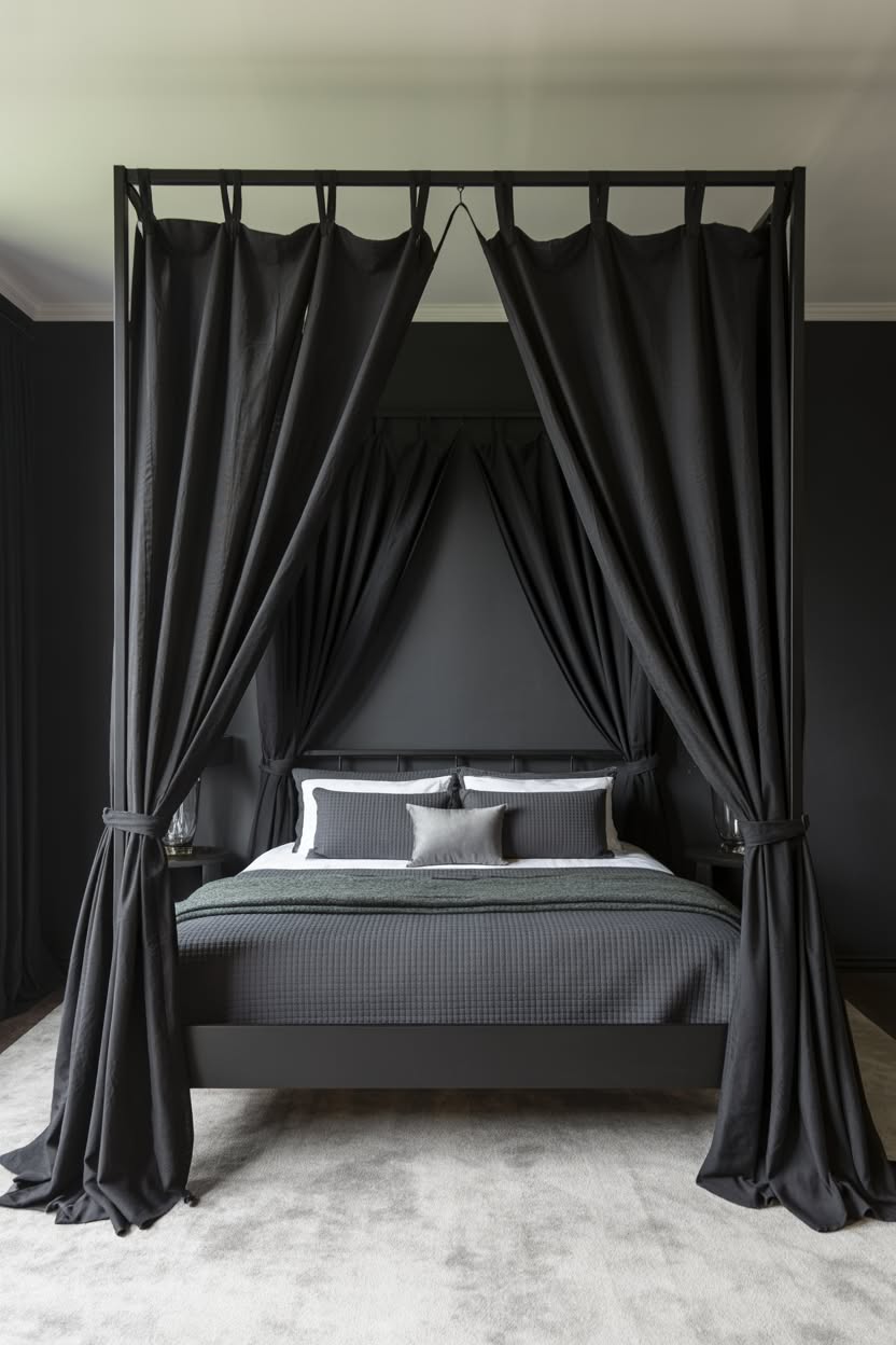 Modern black metal canopy bed with simple curtains