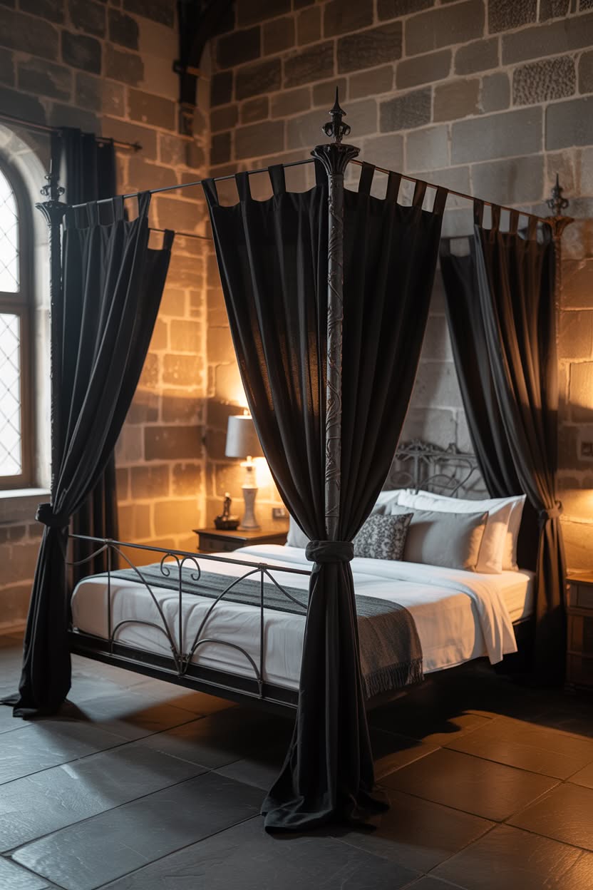 Black iron canopy bed in rustic stone wall bedroom