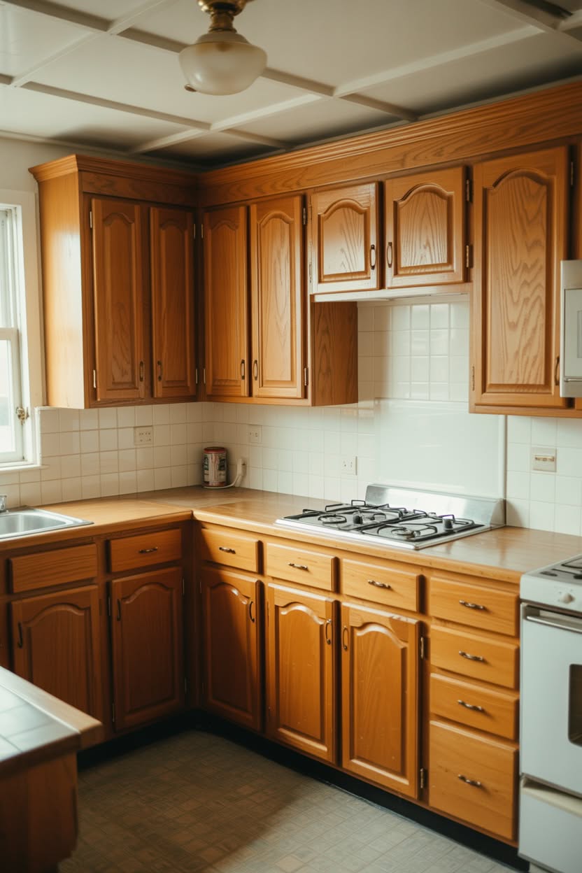 Traditional honey oak kitchen cabinets with arched doors and white tile backsplash in corner layout