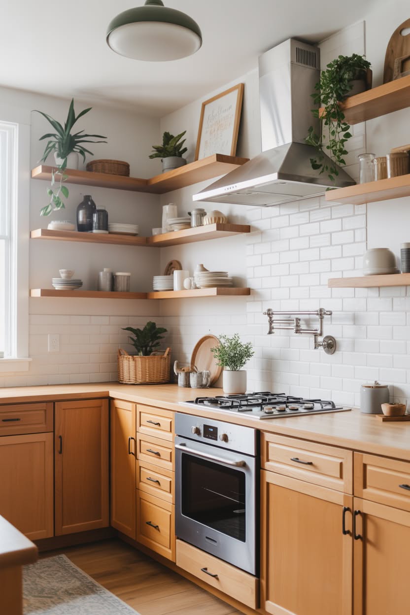 Modern honey oak kitchen with floating wood shelves white subway tile and natural styling